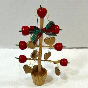 VTG Red Apples & Gold Hearts Tree Wooden Christmas Tree Holiday Ornament